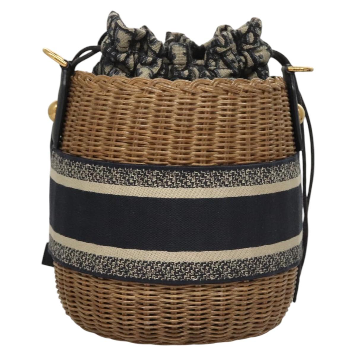 Christian Dior Oblique Wicker Shoulder Bag Rattan Navy Brown gold Auth BA1114AM