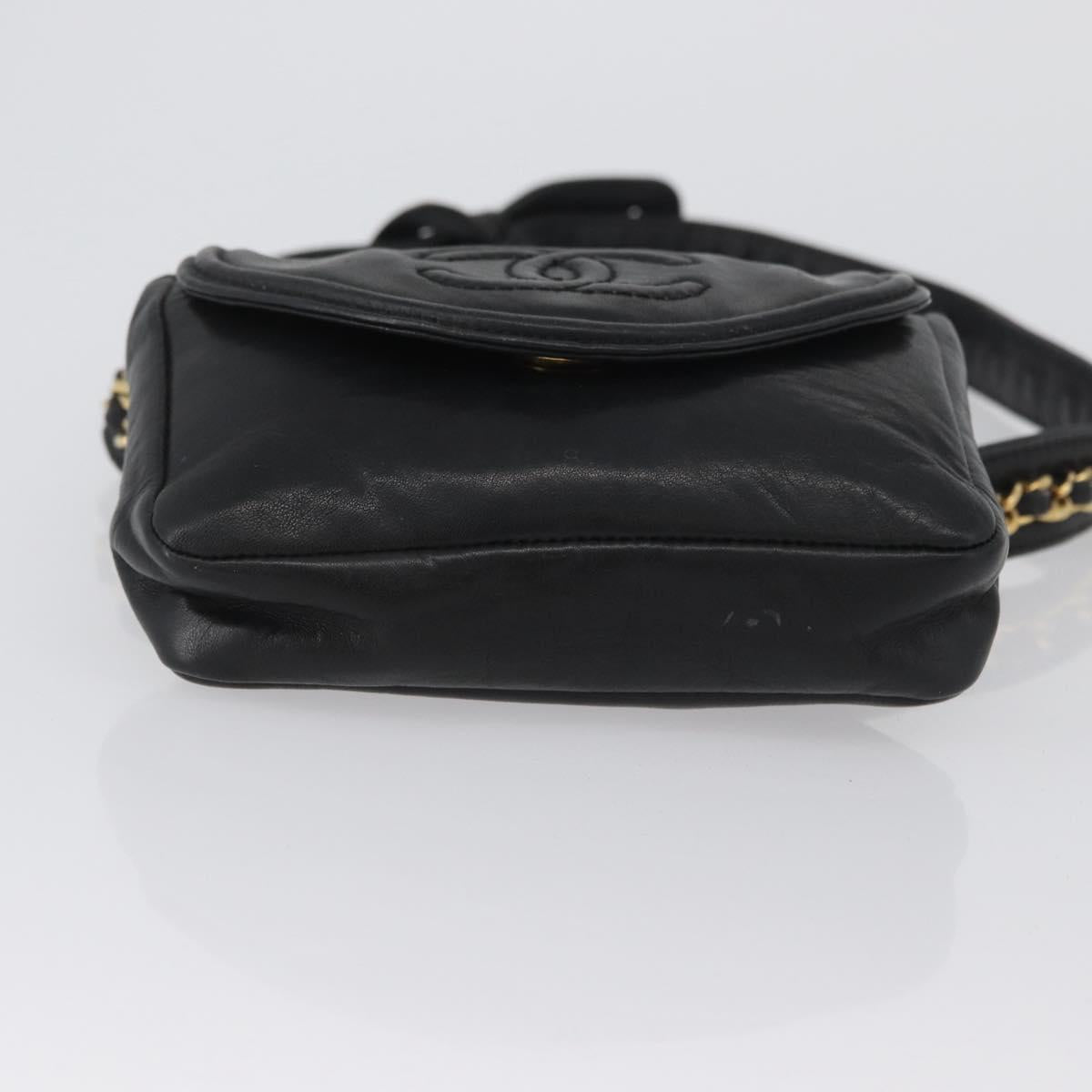 CHANEL COCO Mark Chain Waist Bag Lamb Skin Black Gold CC Auth BA11165