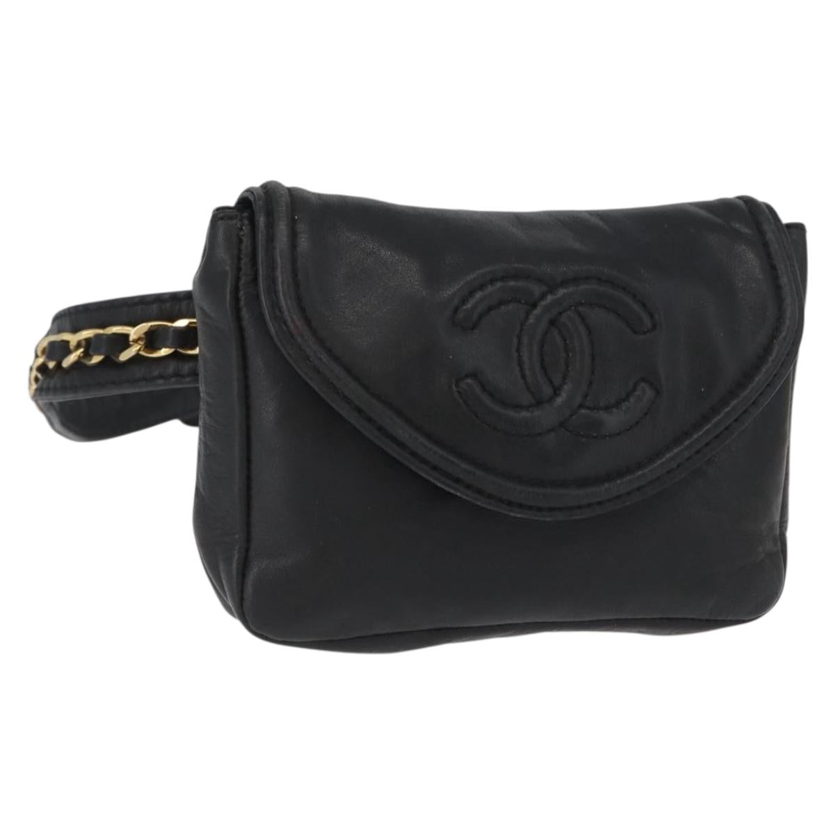 CHANEL COCO Mark Chain Waist Bag Lamb Skin Black Gold CC Auth BA11165