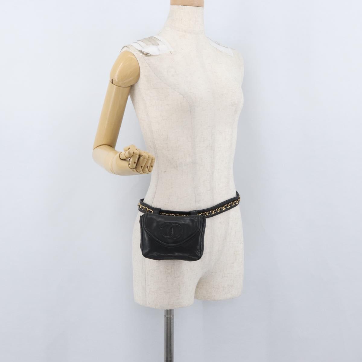 CHANEL COCO Mark Chain Waist Bag Lamb Skin Black Gold CC Auth BA11165