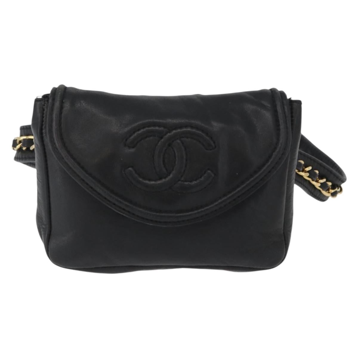 CHANEL COCO Mark Chain Waist Bag Lamb Skin Black Gold CC Auth BA11165