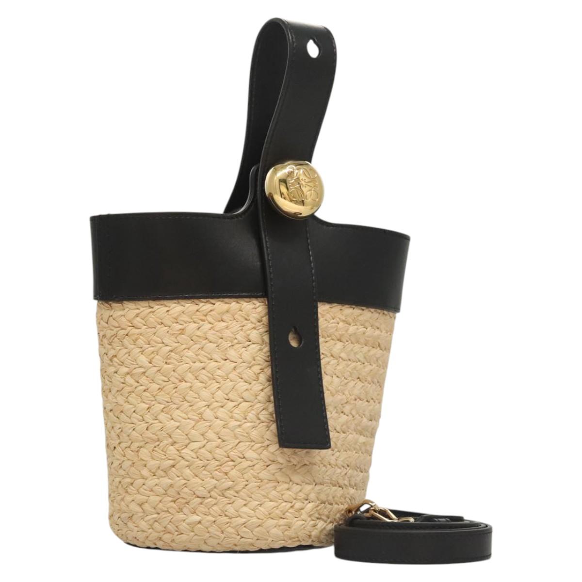 LOEWE Hand Bag Straw Leather 2way Beige Black Auth BA1116SM