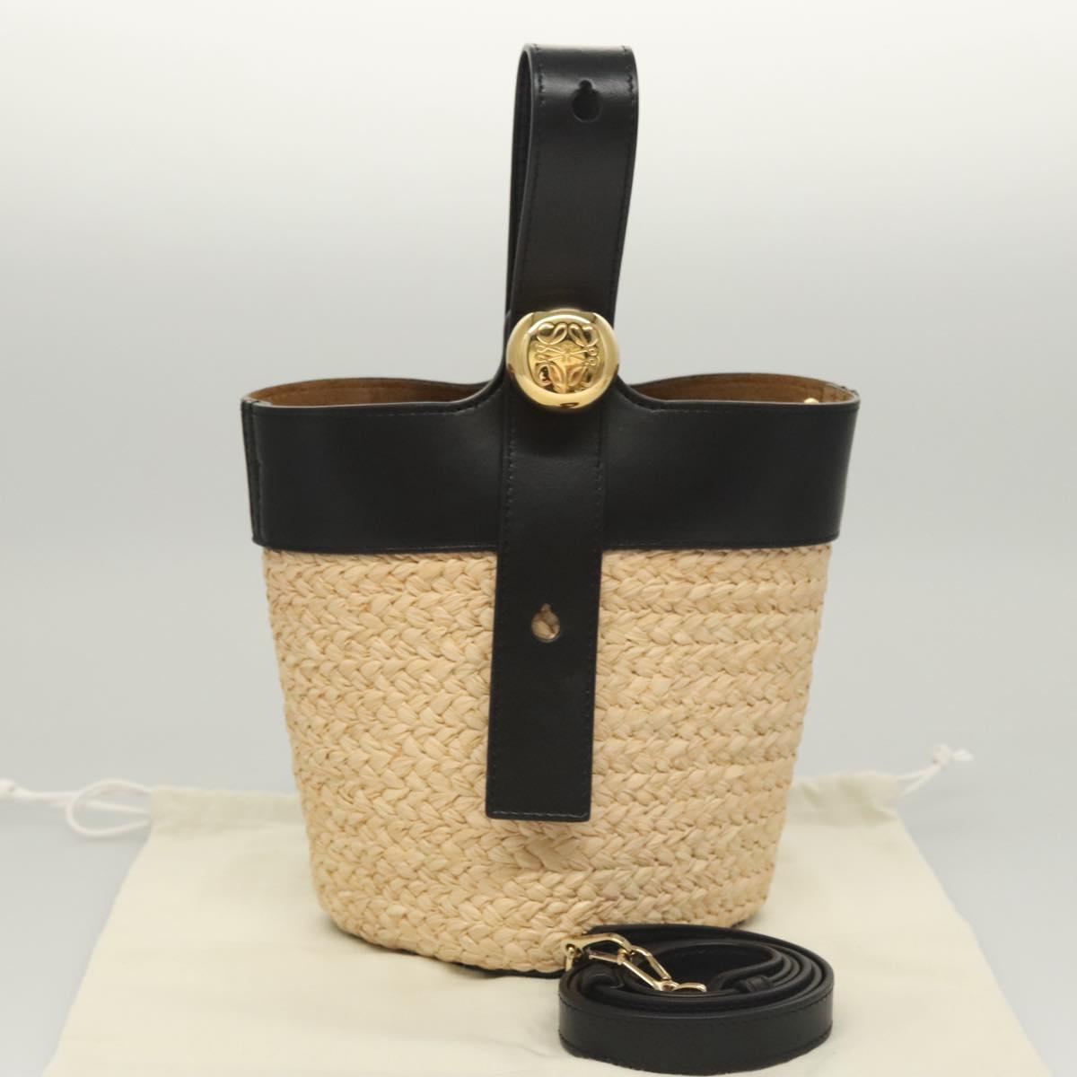 LOEWE Hand Bag Straw Leather 2way Beige Black Auth BA1116SM