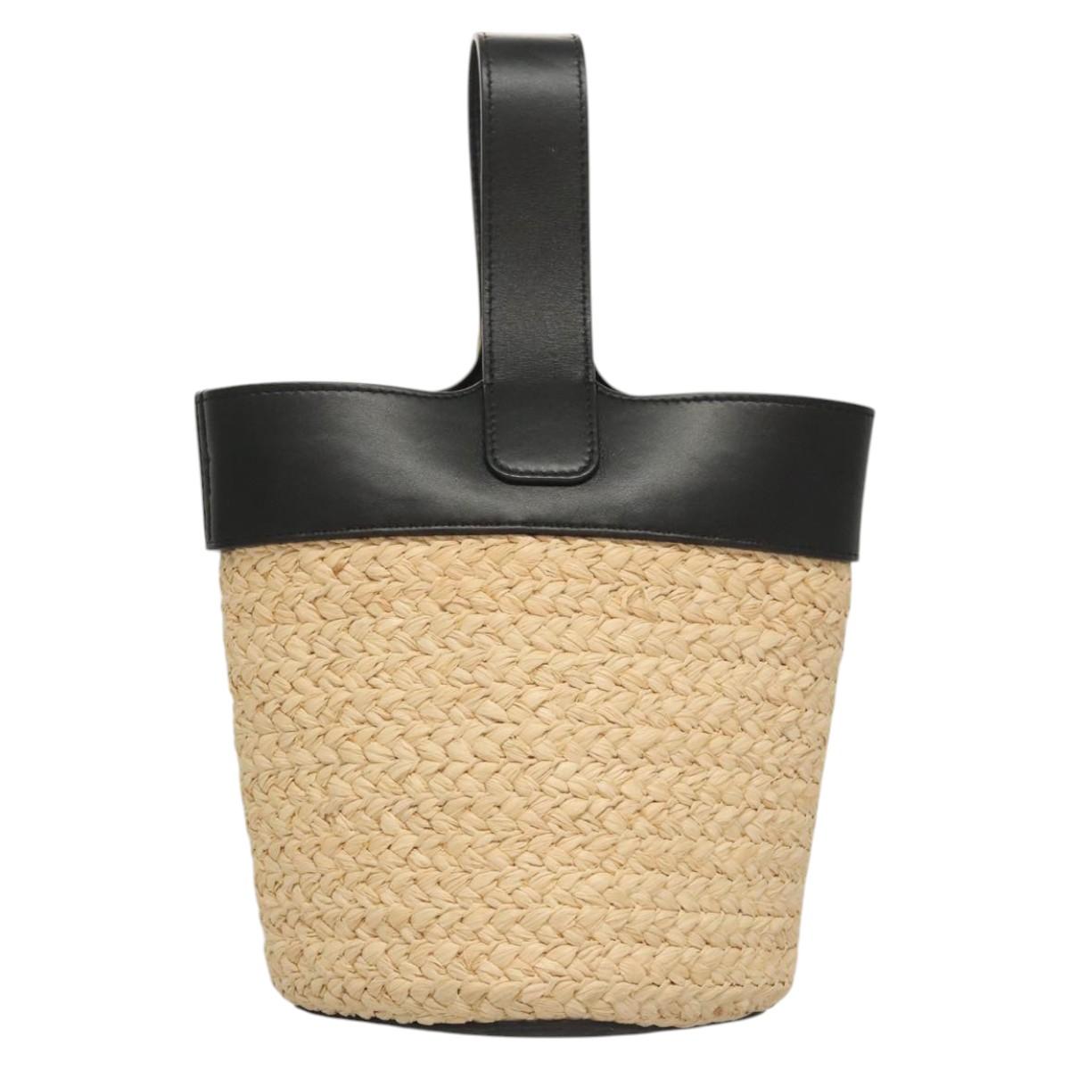 LOEWE Hand Bag Straw Leather 2way Beige Black Auth BA1116SM