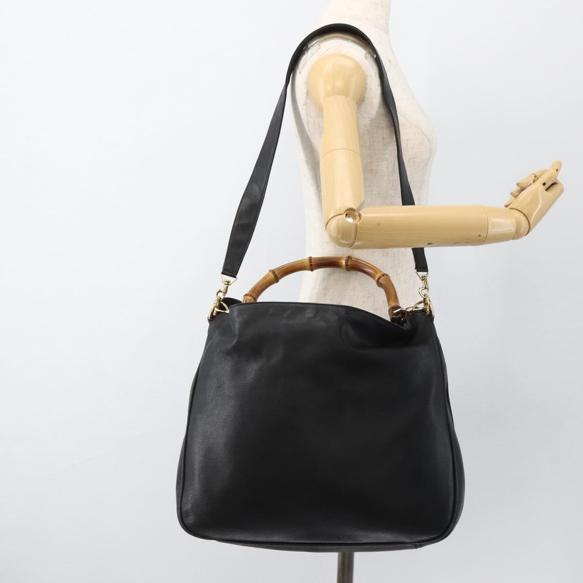 GUCCI Bamboo Shoulder Bag Leather 2way Black Gold 001 200182 1577 Auth BA11211