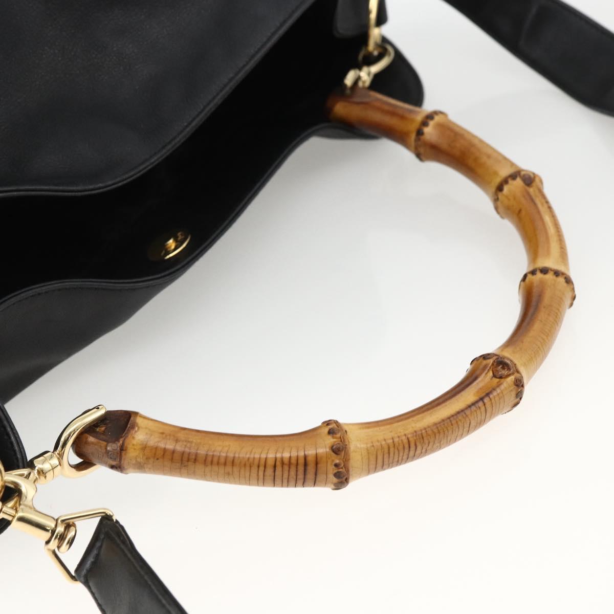 GUCCI Bamboo Shoulder Bag Leather 2way Black Gold 001 200182 1577 Auth BA11211