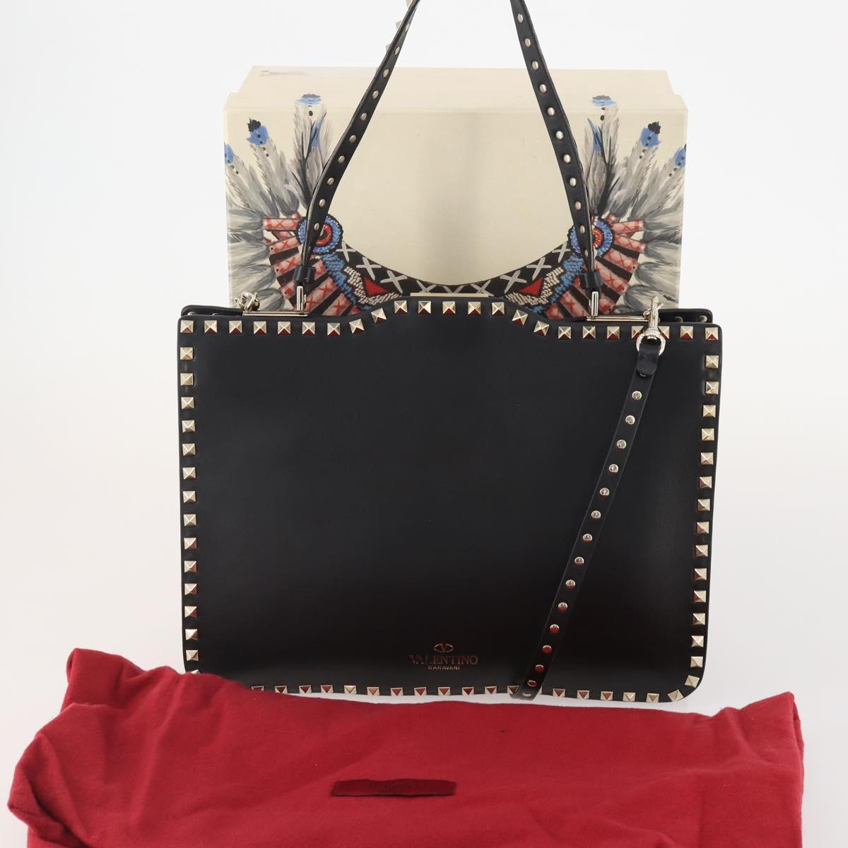 VALENTINO Rock studs Shoulder Bag Leather Black Gold Auth BA11213A