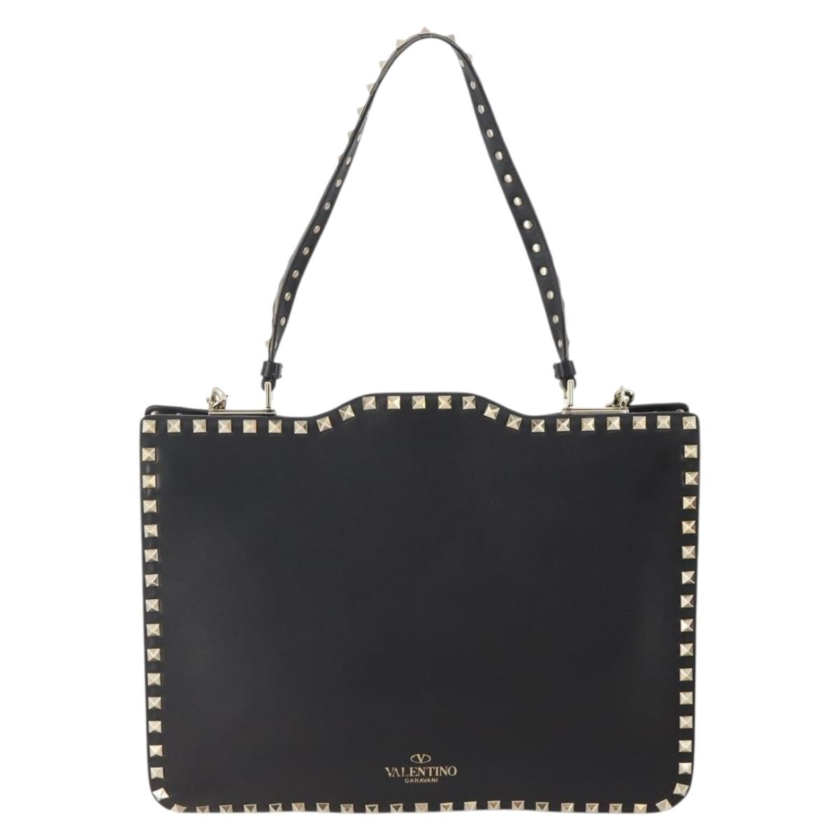 VALENTINO Rock studs Shoulder Bag Leather Black Gold Auth BA11213A