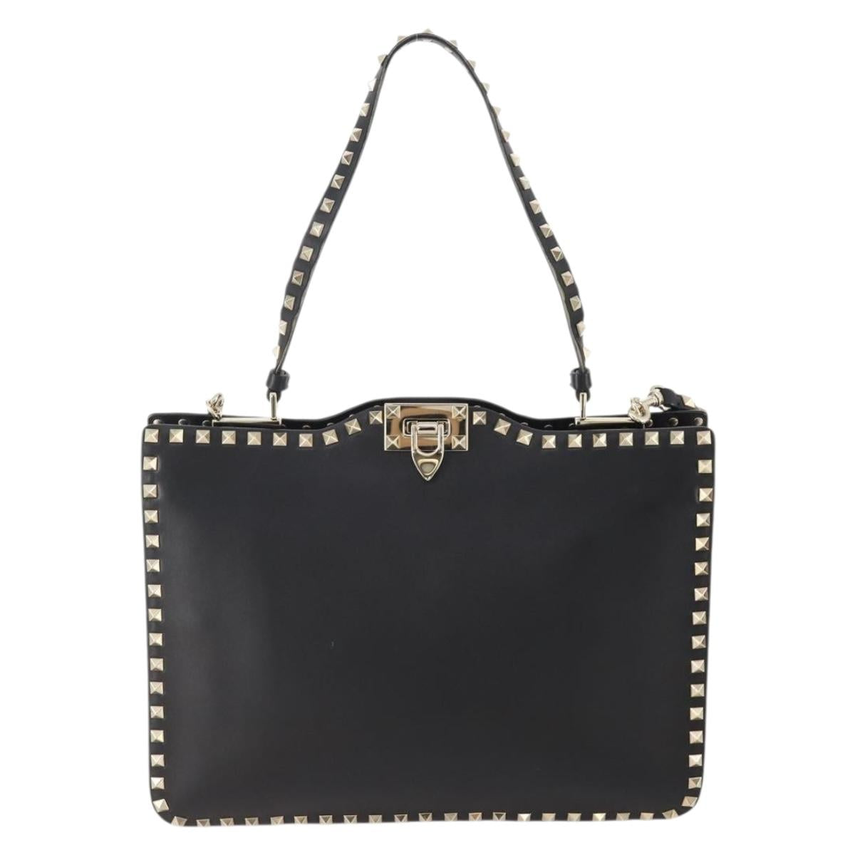 VALENTINO Rock studs Shoulder Bag Leather Black Gold Auth BA11213A