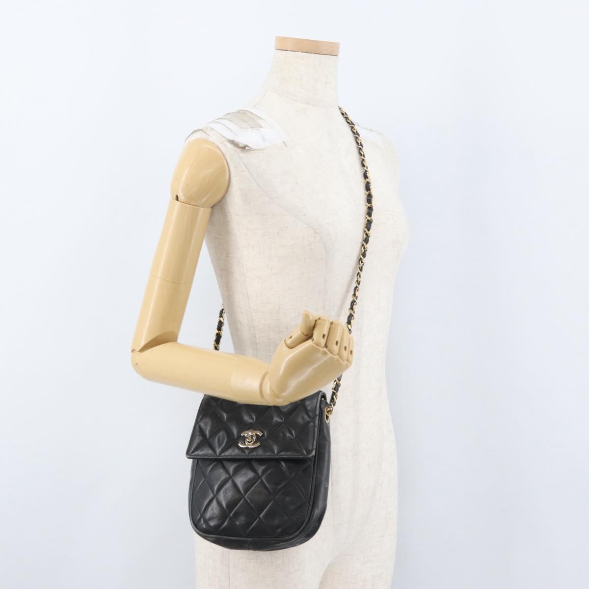 CHANEL Matelasse Chain Shoulder Bag Lamb Skin Black Gold CC Auth BA11216
