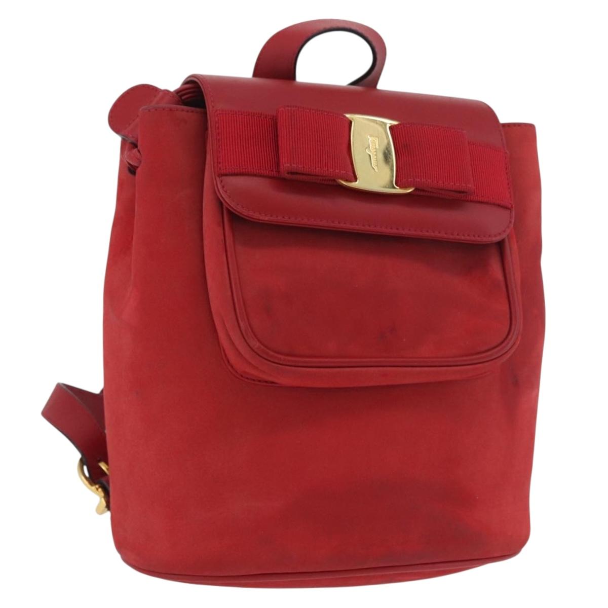 Salvatore Ferragamo Vala Backpack Suede Red Gold Auth BA11218