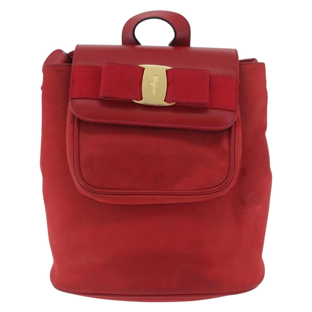 Salvatore Ferragamo Vala Backpack Suede Red Gold Auth BA11218