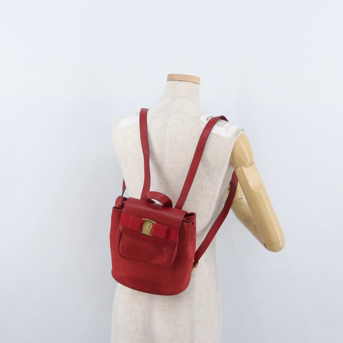 Salvatore Ferragamo Vala Backpack Suede Red Gold Auth BA11218