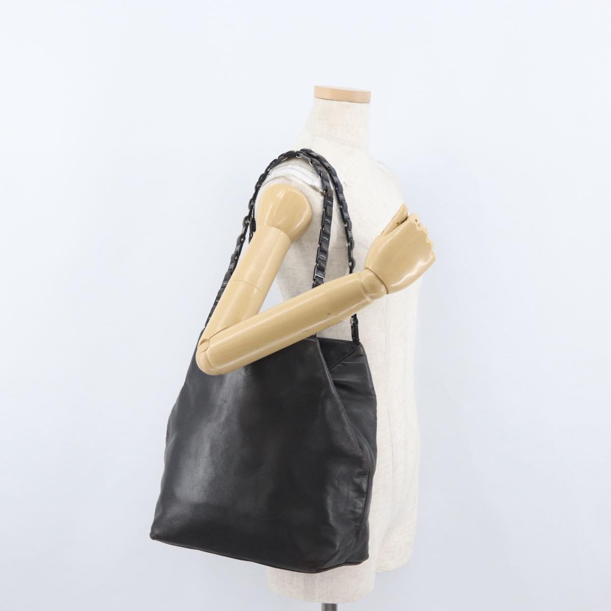 Salvatore Ferragamo Vala Chain Shoulder Bag Leather Black Silver Auth BA11227