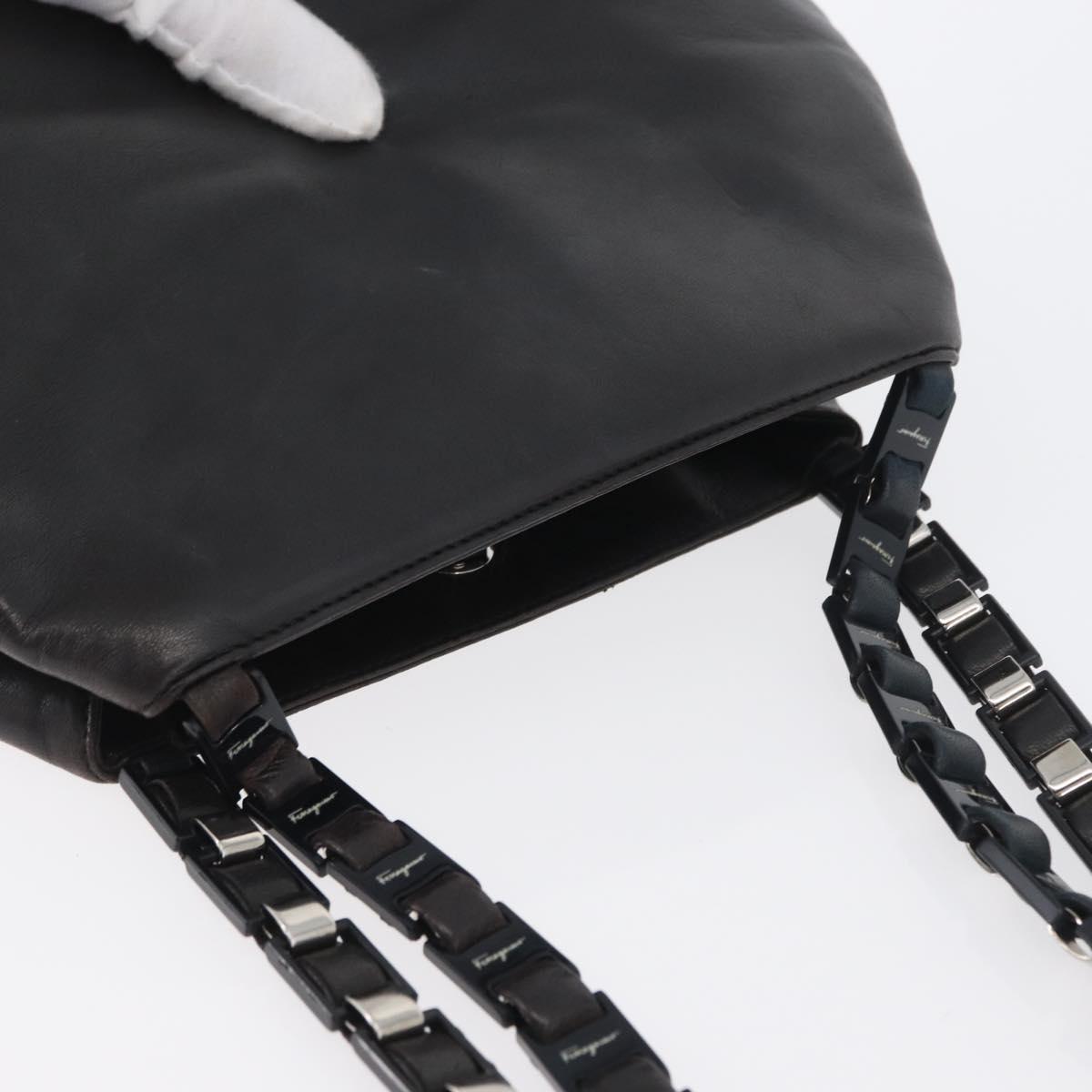 Salvatore Ferragamo Vala Chain Shoulder Bag Leather Black Silver Auth BA11227