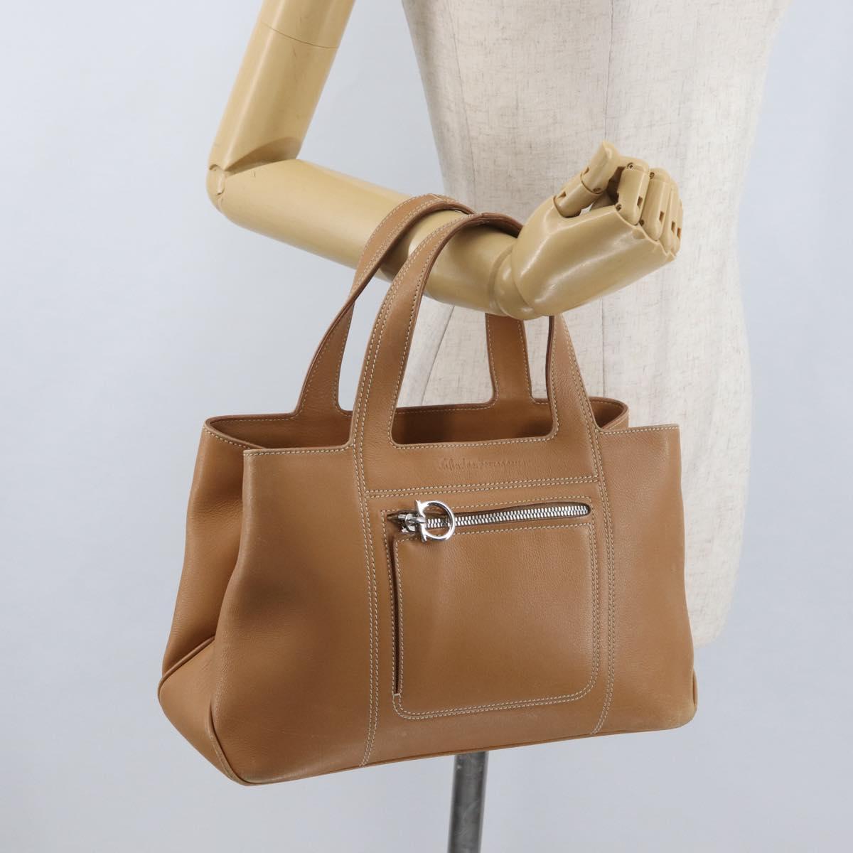 Salvatore Ferragamo Hand Bag Leather Beige Silver Auth BA11228