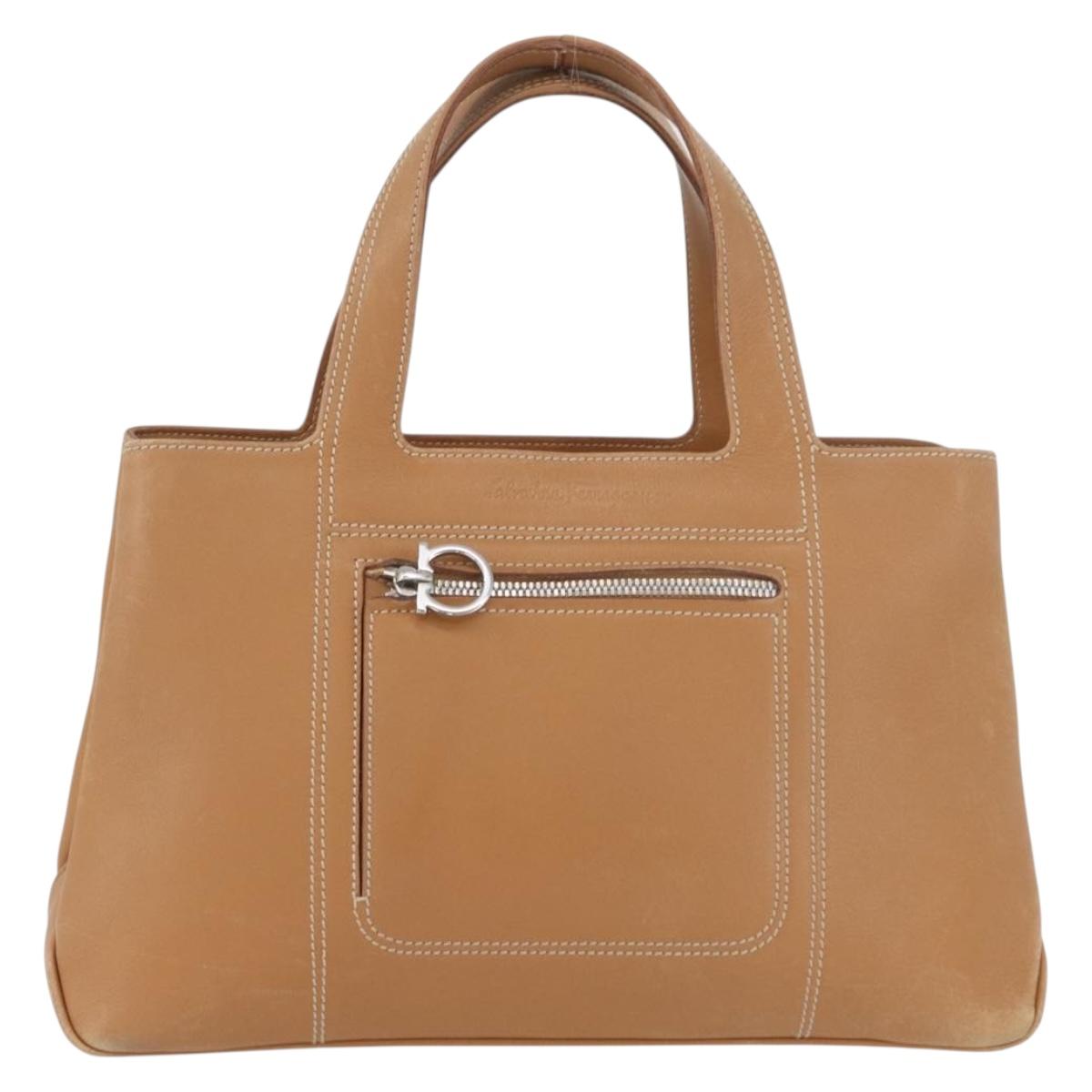 Salvatore Ferragamo Hand Bag Leather Beige Silver Auth BA11228