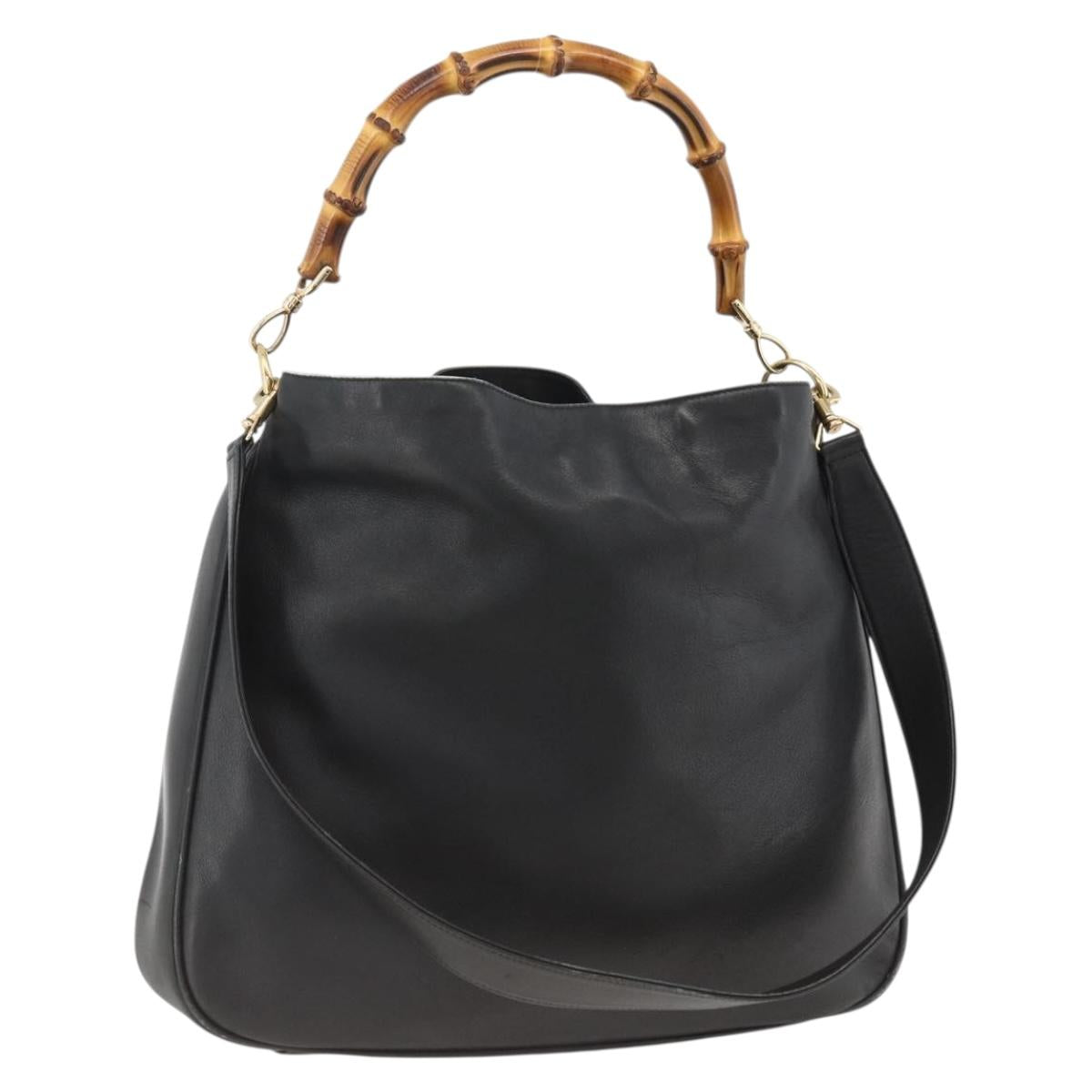 GUCCI Bamboo Shoulder Bag Leather 2way Black Gold 001 1577 Auth BA11229