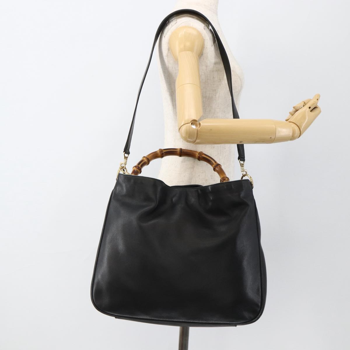 GUCCI Bamboo Shoulder Bag Leather 2way Black Gold 001 1577 Auth BA11229