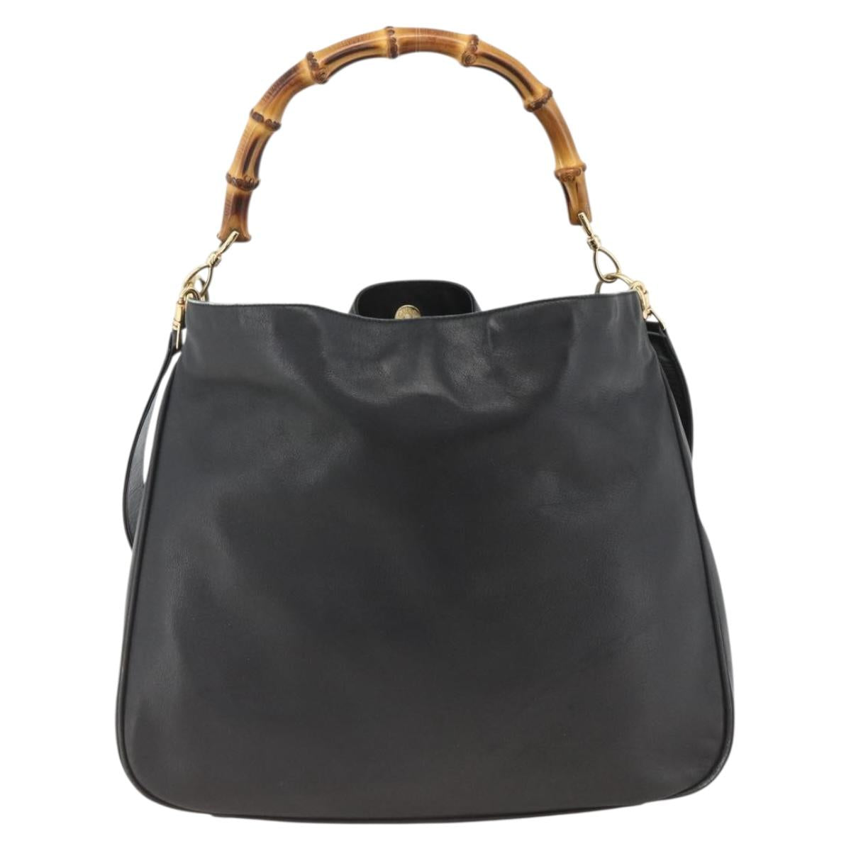 GUCCI Bamboo Shoulder Bag Leather 2way Black Gold 001 1577 Auth BA11229