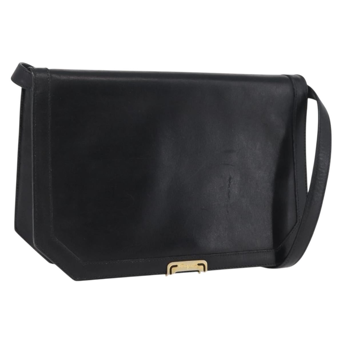 Salvatore Ferragamo Shoulder Bag Leather Black Gold Auth BA11236