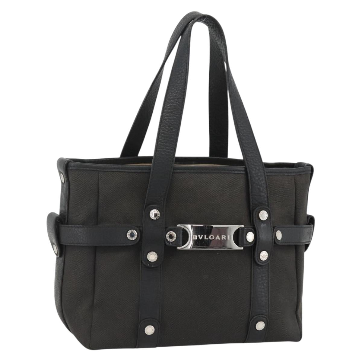 BVLGARI Hand Bag Canvas Leather Black Silver Auth BA11246