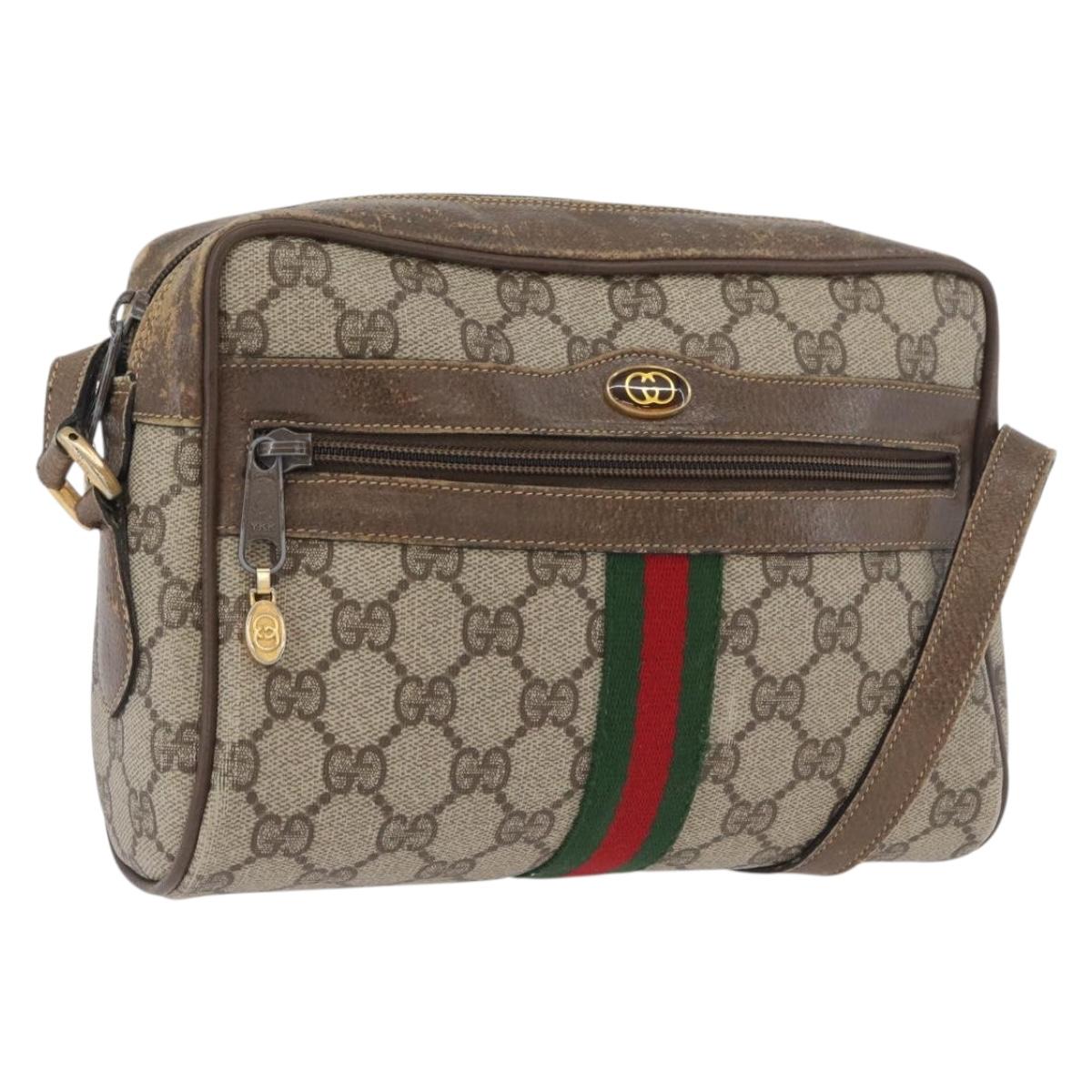 GUCCI GG Supreme Web Sherry Line Shoulder Bag PVC Beige Gold Auth BA11250