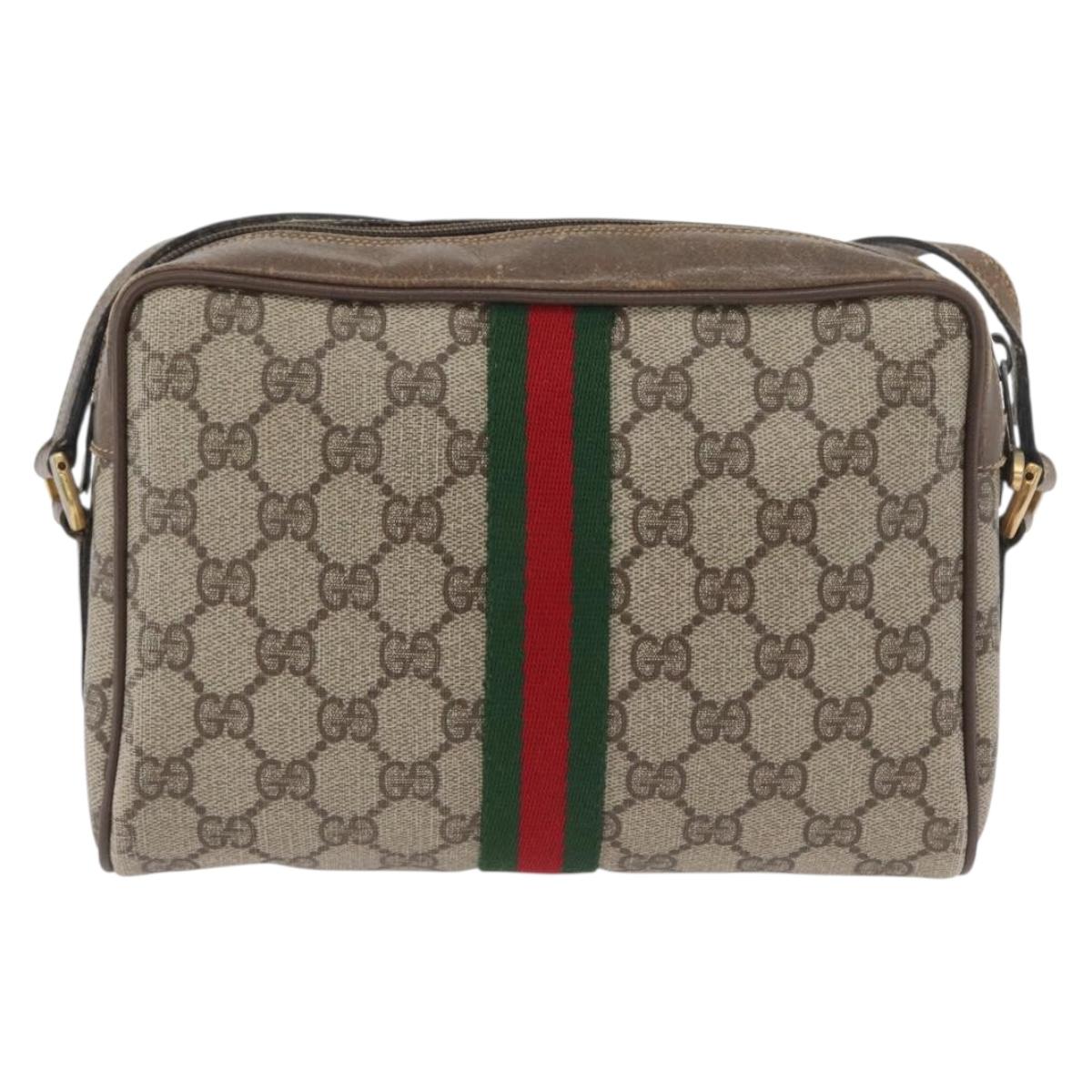 GUCCI GG Supreme Web Sherry Line Shoulder Bag PVC Beige Gold Auth BA11250