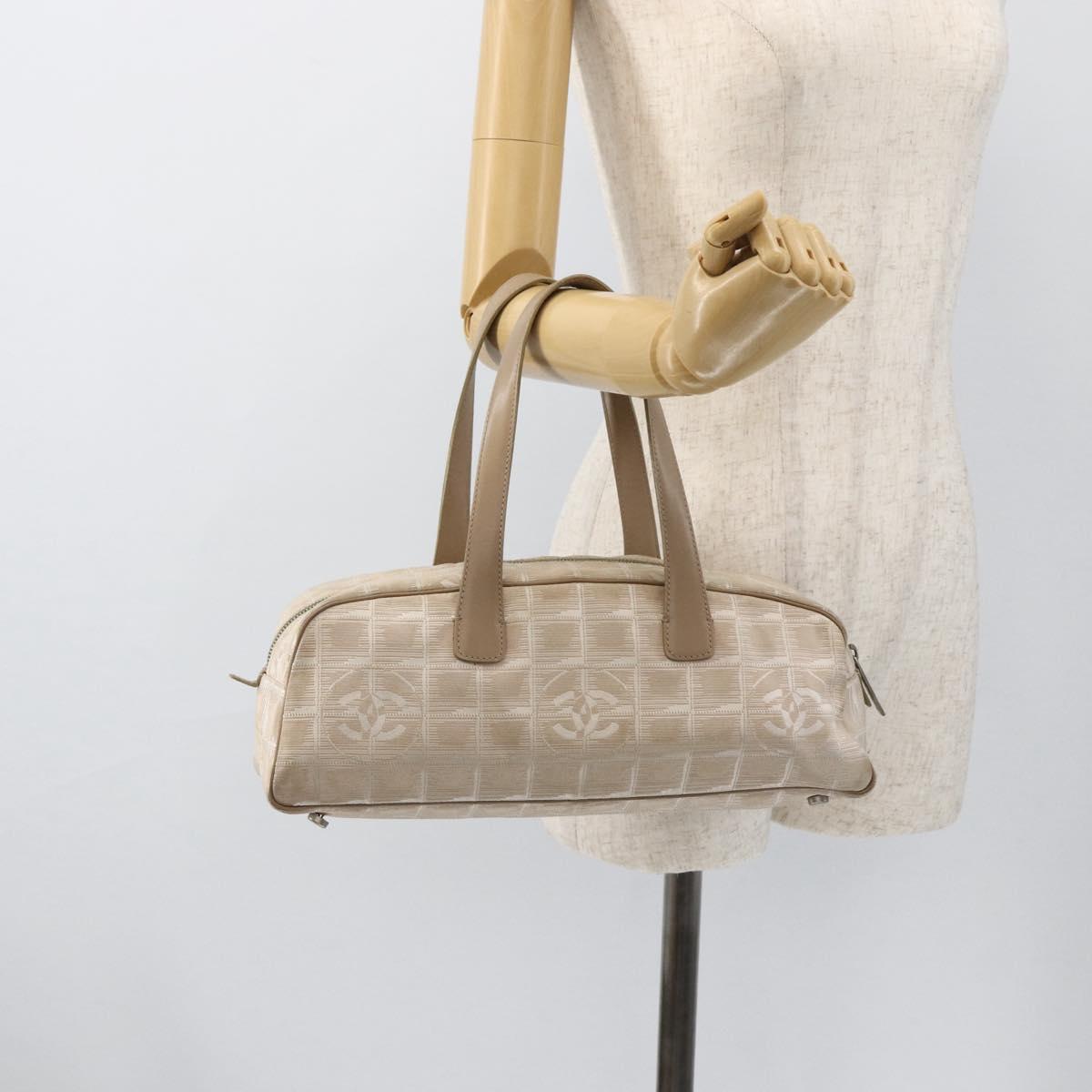 CHANEL New Travel Line Hand Bag Nylon Beige Gold CC Auth BA11253
