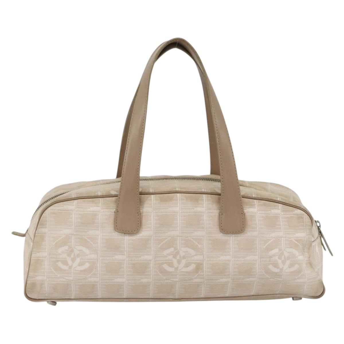CHANEL New Travel Line Hand Bag Nylon Beige Gold CC Auth BA11253