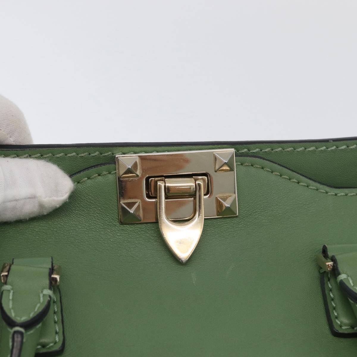 VALENTINO Rock Studs Hand Bag Leather 2way Green Gold Auth BA11265