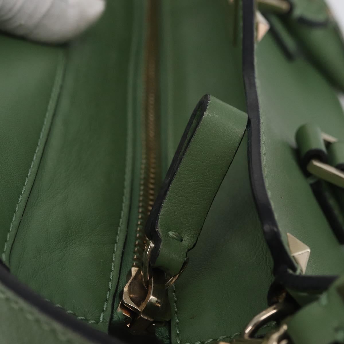 VALENTINO Rock Studs Hand Bag Leather 2way Green Gold Auth BA11265