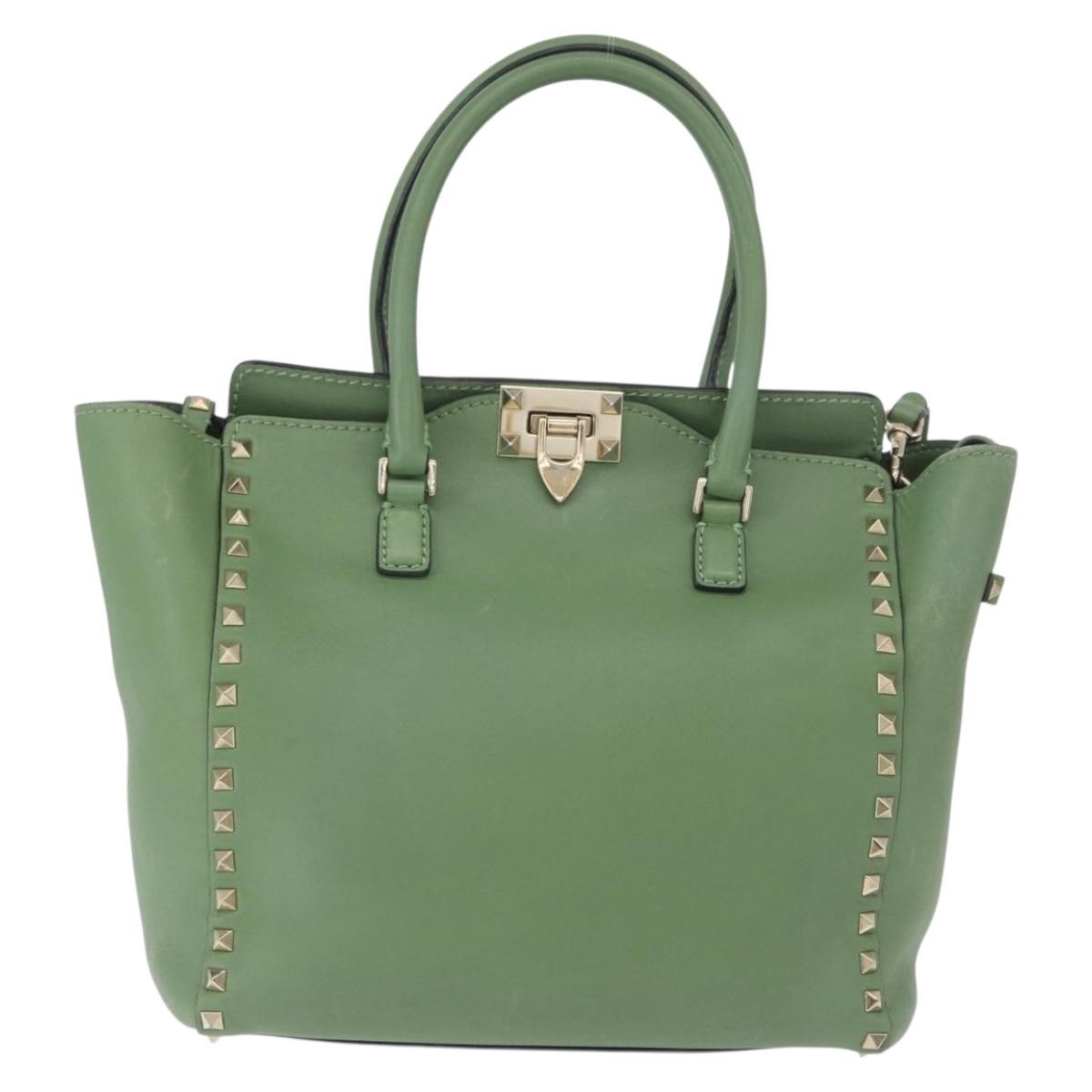 VALENTINO Rock Studs Hand Bag Leather 2way Green Gold Auth BA11265