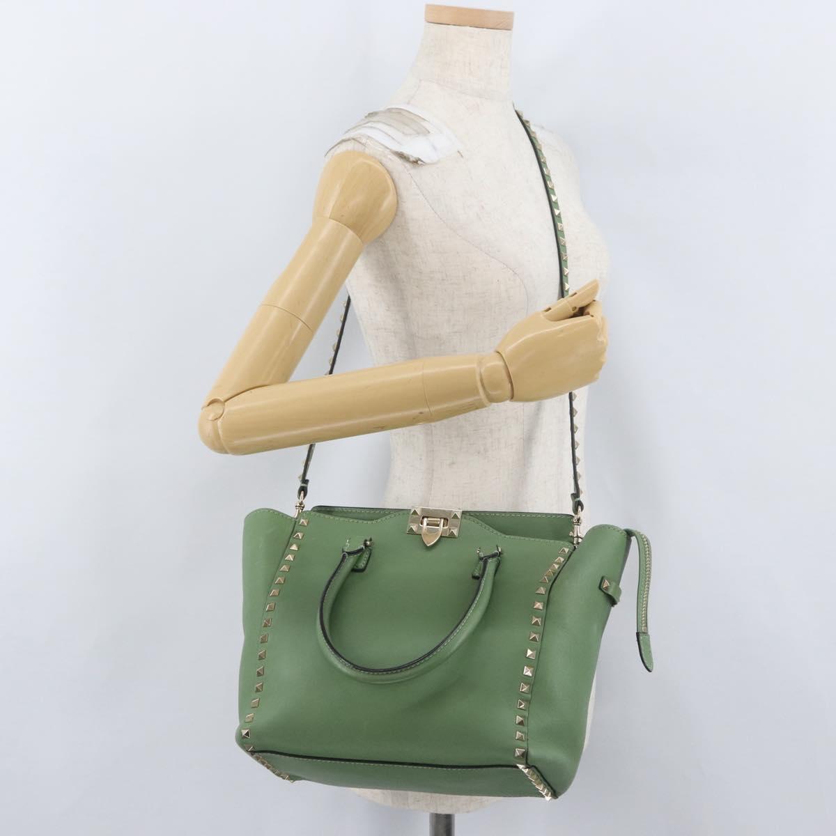 VALENTINO Rock Studs Hand Bag Leather 2way Green Gold Auth BA11265