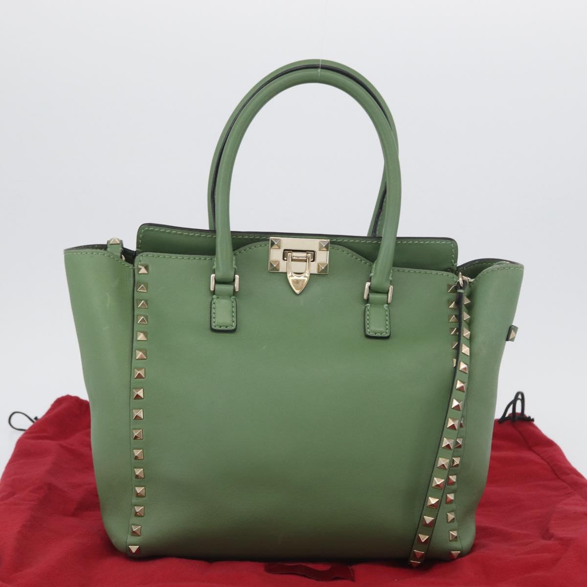 VALENTINO Rock Studs Hand Bag Leather 2way Green Gold Auth BA11265