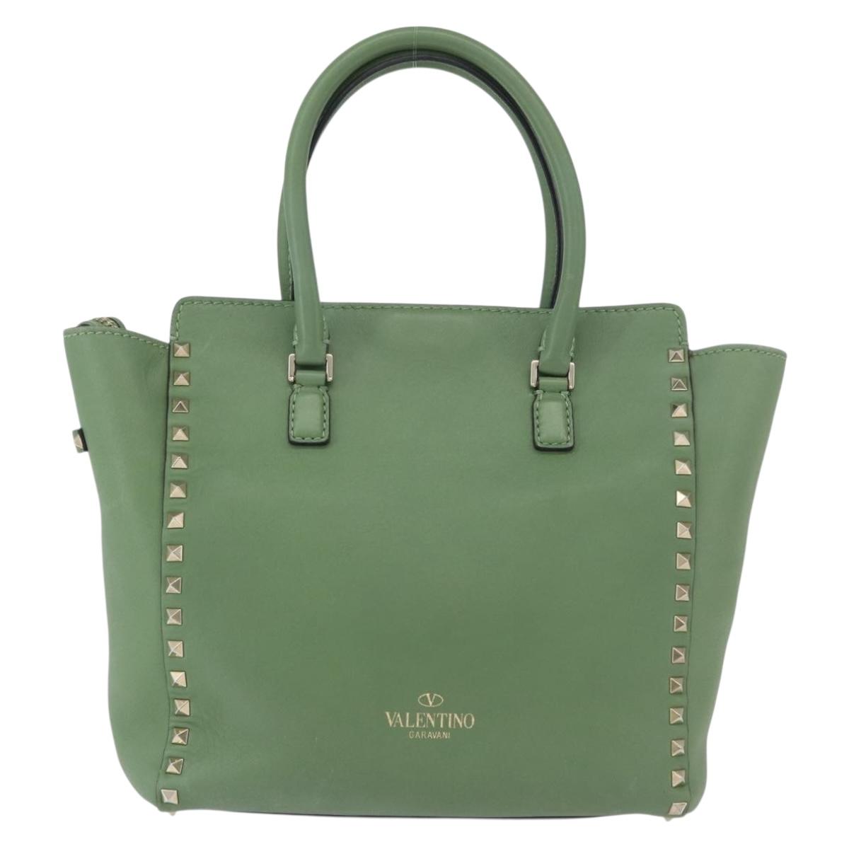 VALENTINO Rock Studs Hand Bag Leather 2way Green Gold Auth BA11265