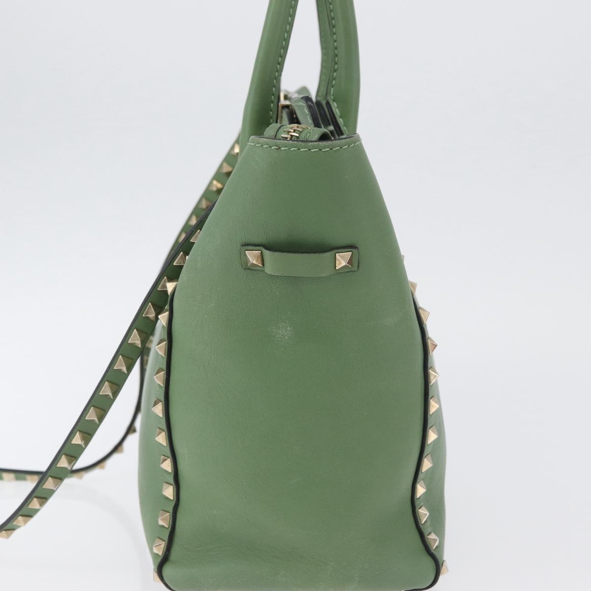 VALENTINO Rock Studs Hand Bag Leather 2way Green Gold Auth BA11265