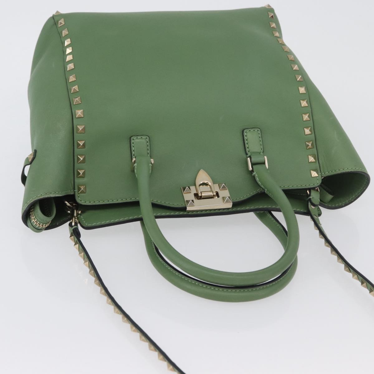 VALENTINO Rock Studs Hand Bag Leather 2way Green Gold Auth BA11265