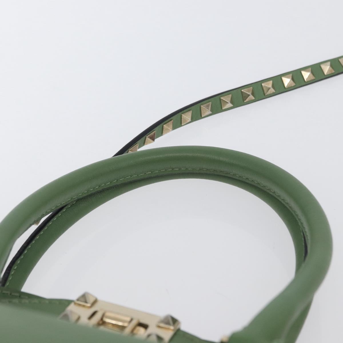VALENTINO Rock Studs Hand Bag Leather 2way Green Gold Auth BA11265