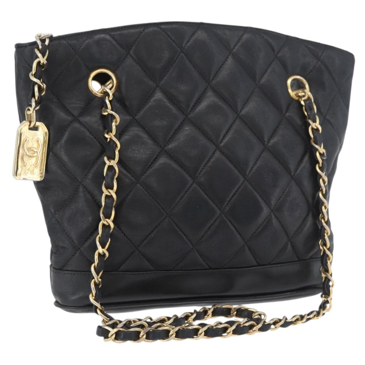 CHANEL Matelasse Chain Shoulder Bag Lamb Skin Black Gold CC Auth BA11274
