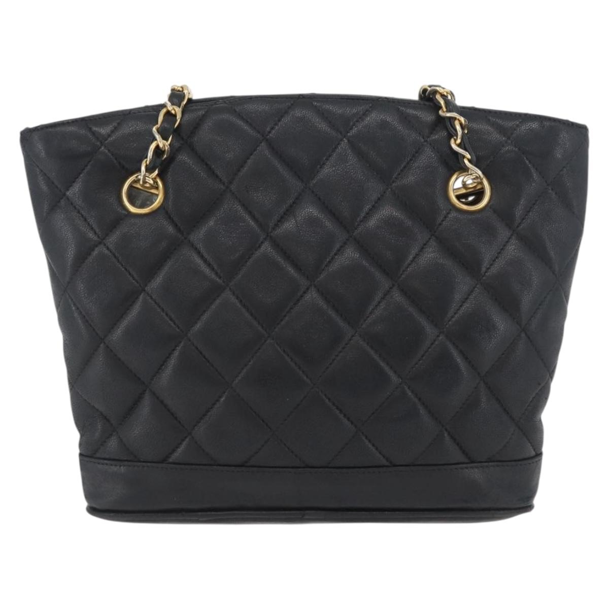 CHANEL Matelasse Chain Shoulder Bag Lamb Skin Black Gold CC Auth BA11274