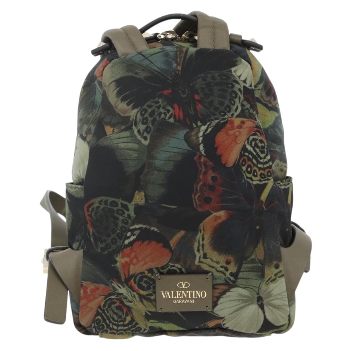 VALENTINO Backpack Nylon Khaki Champagne Gold Auth BA11275
