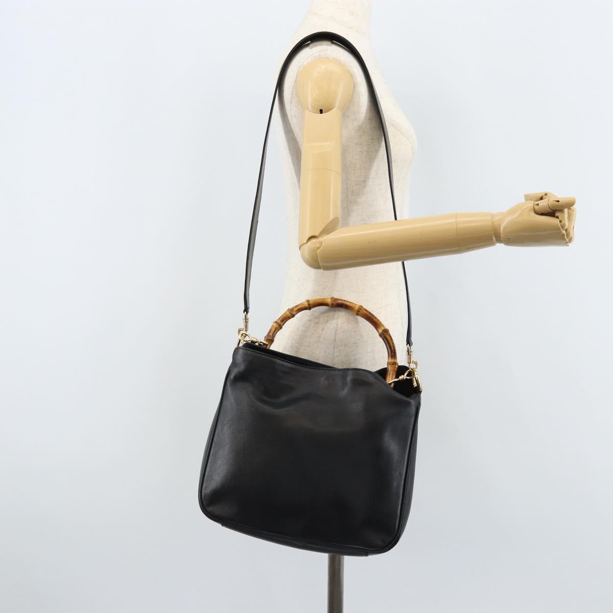 GUCCI Bamboo Shoulder Bag Leather 2way Black Gold 001 0166 1638 Auth BA11278