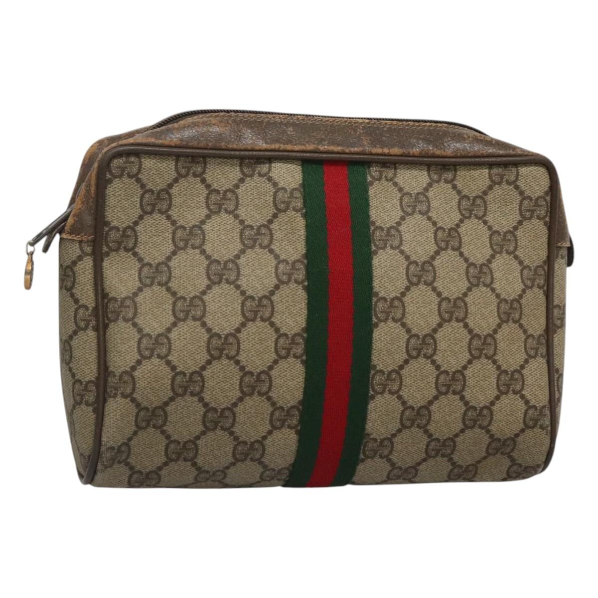 GUCCI GG Supreme Web Sherry Line Clutch Bag PVC Beige Red 56 01 012 Auth BA1131