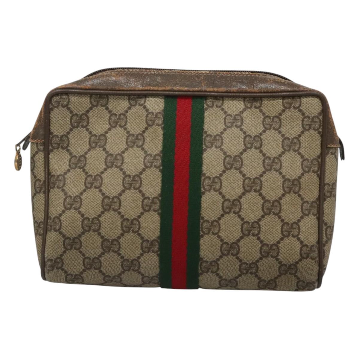 GUCCI GG Supreme Web Sherry Line Clutch Bag PVC Beige Red 56 01 012 Auth BA1131