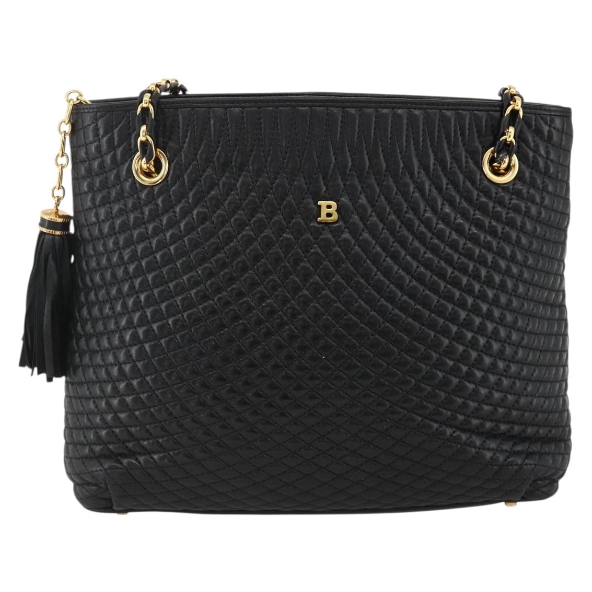 BALLY Quilted Chain Shoulder Bag Leather Black Gold Auth BA11359