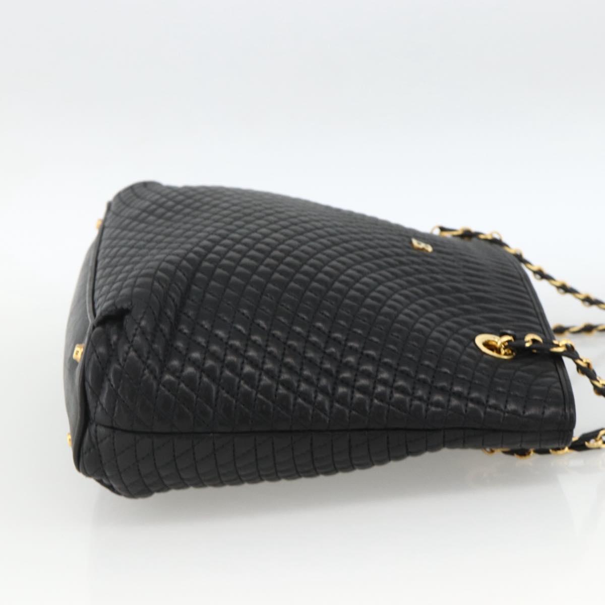BALLY Quilted Chain Shoulder Bag Leather Black Gold Auth BA11359
