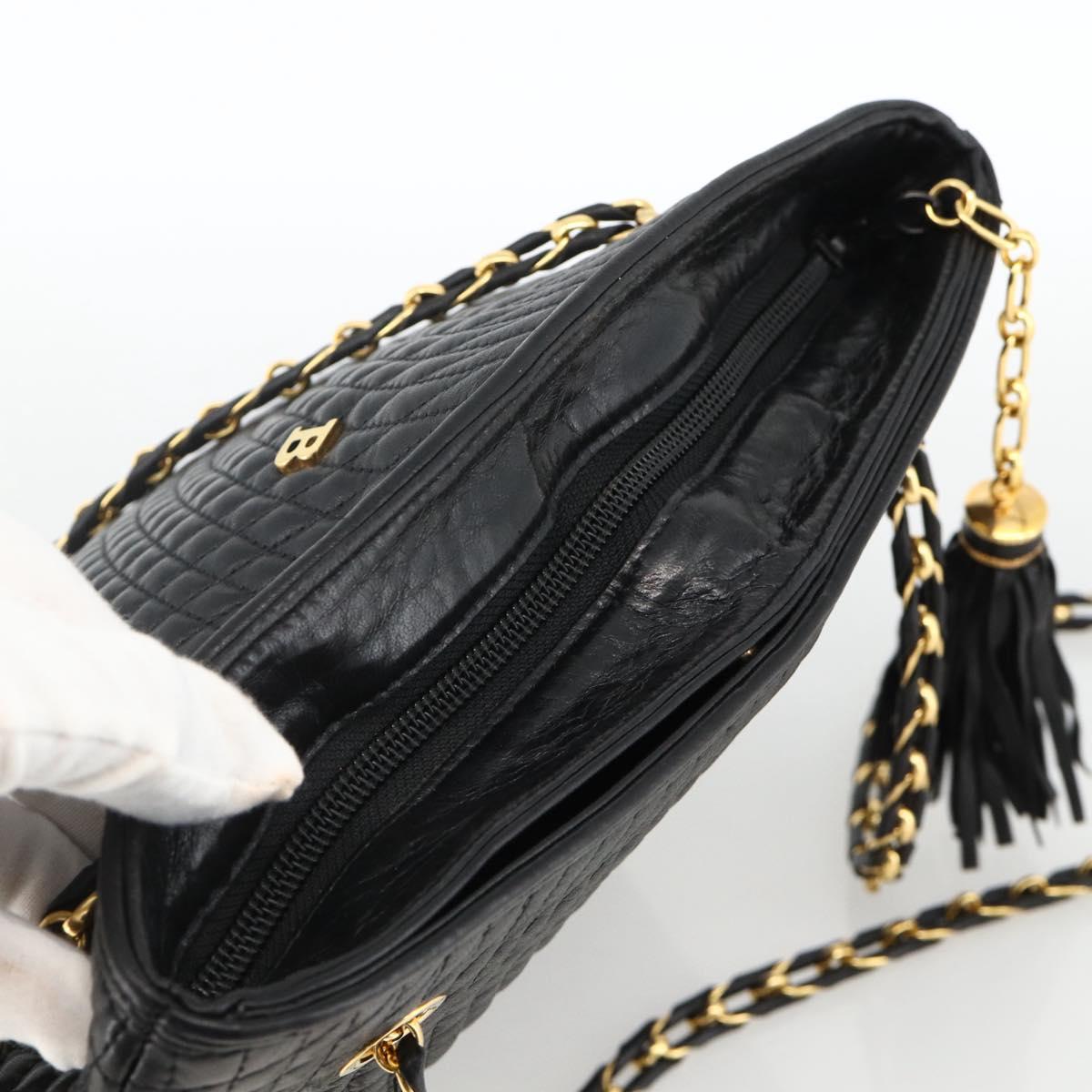 BALLY Quilted Chain Shoulder Bag Leather Black Gold Auth BA11359