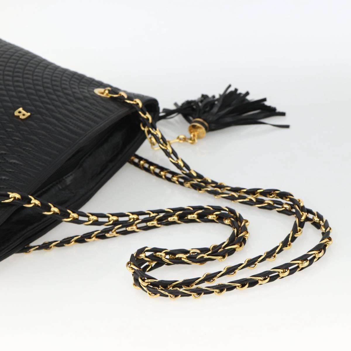 BALLY Quilted Chain Shoulder Bag Leather Black Gold Auth BA11359