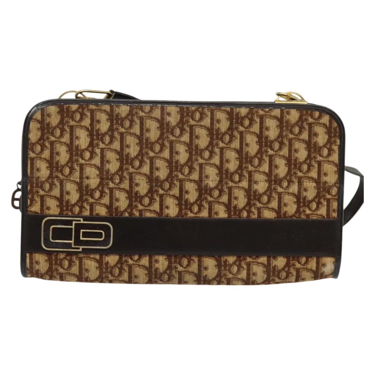 Christian Dior Trotter Canvas Shoulder Bag Brown Gold Auth BA1136